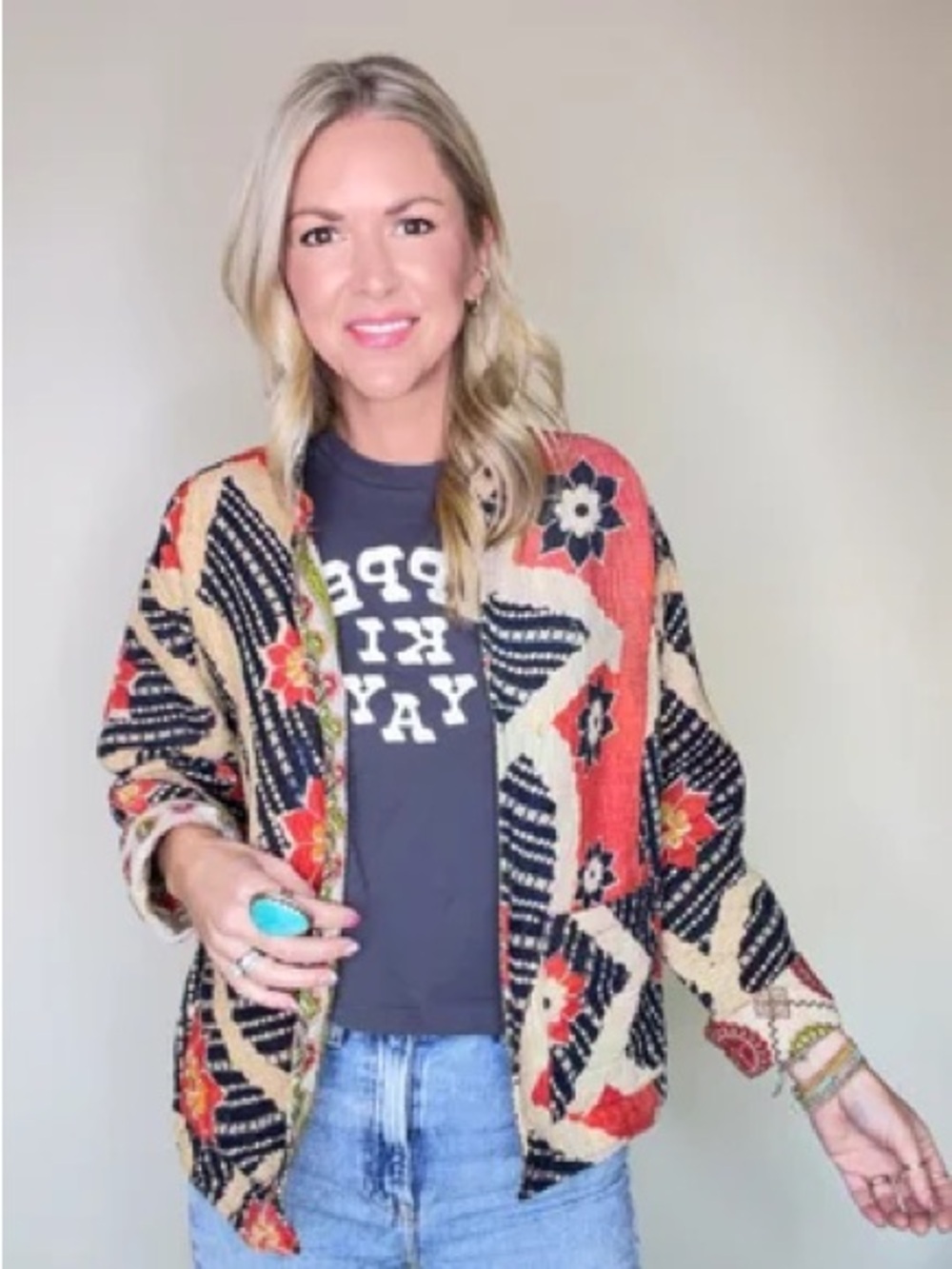 Floral Patchwork Open Cardigan Jacket - Coral, Black, Cream